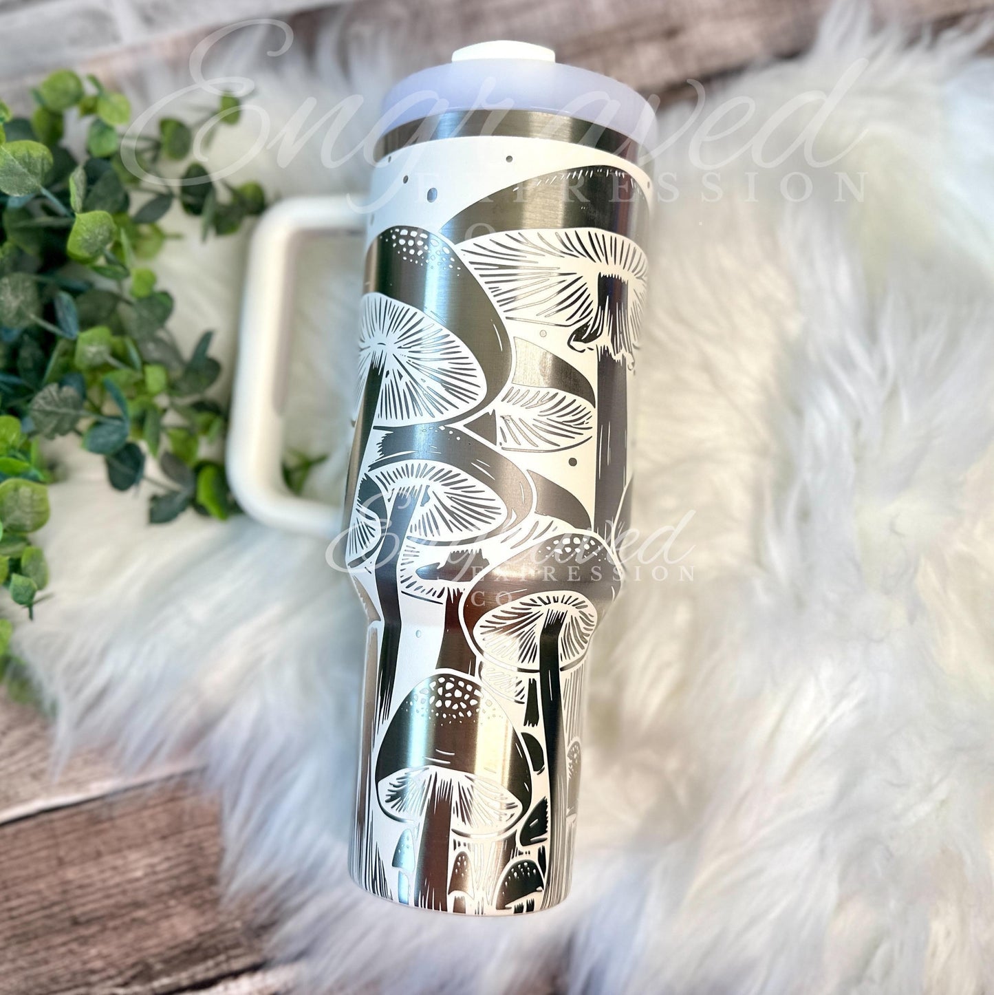 Laser Engraved Tumbler - 40oz Stanley Quencher With Mushroom Design & Custom Name