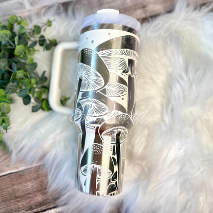 Laser Engraved Tumbler - 40oz Stanley Quencher With Mushroom Design & Custom Name