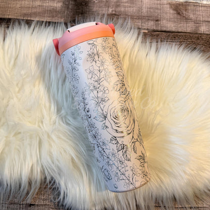 Engraved Floral Tumbler – Personalized Name Cup with Rose and Larkspur Design