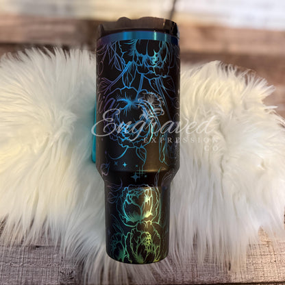 Engraved Stanley Tumbler | Black Chroma Stainless Steel Cup With Peony Flower Engraving