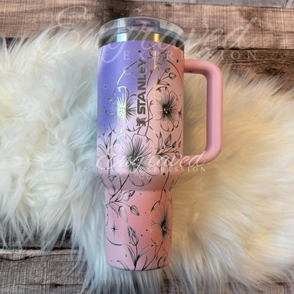 Laser Engraved Tumbler - Stanley Protour with Boho Floral Design & Leakproof Flip Straw