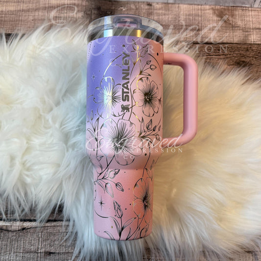 Laser Engraved Tumbler - Stanley Protour with Boho Floral Design & Leakproof Flip Straw