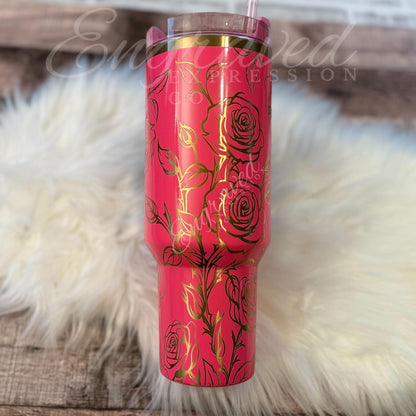 Engraved Stanley Tumbler | Pink Parade Floral Design | Laser Etched Stainless Steel Cup