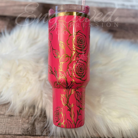 Engraved Stanley Tumbler | Pink Parade Floral Design | Laser Etched Stainless Steel Cup