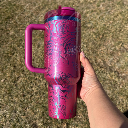 Engraved Stanley Quencher - Custom Laser Tumbler With Rose Floral Etching