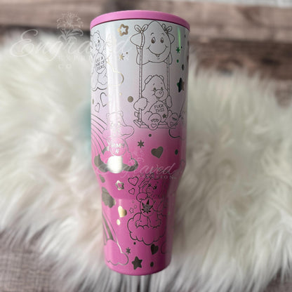 A pink and white tumbler mug with a cartoon character design, featuring a smiling character and various other cartoon-style elements.