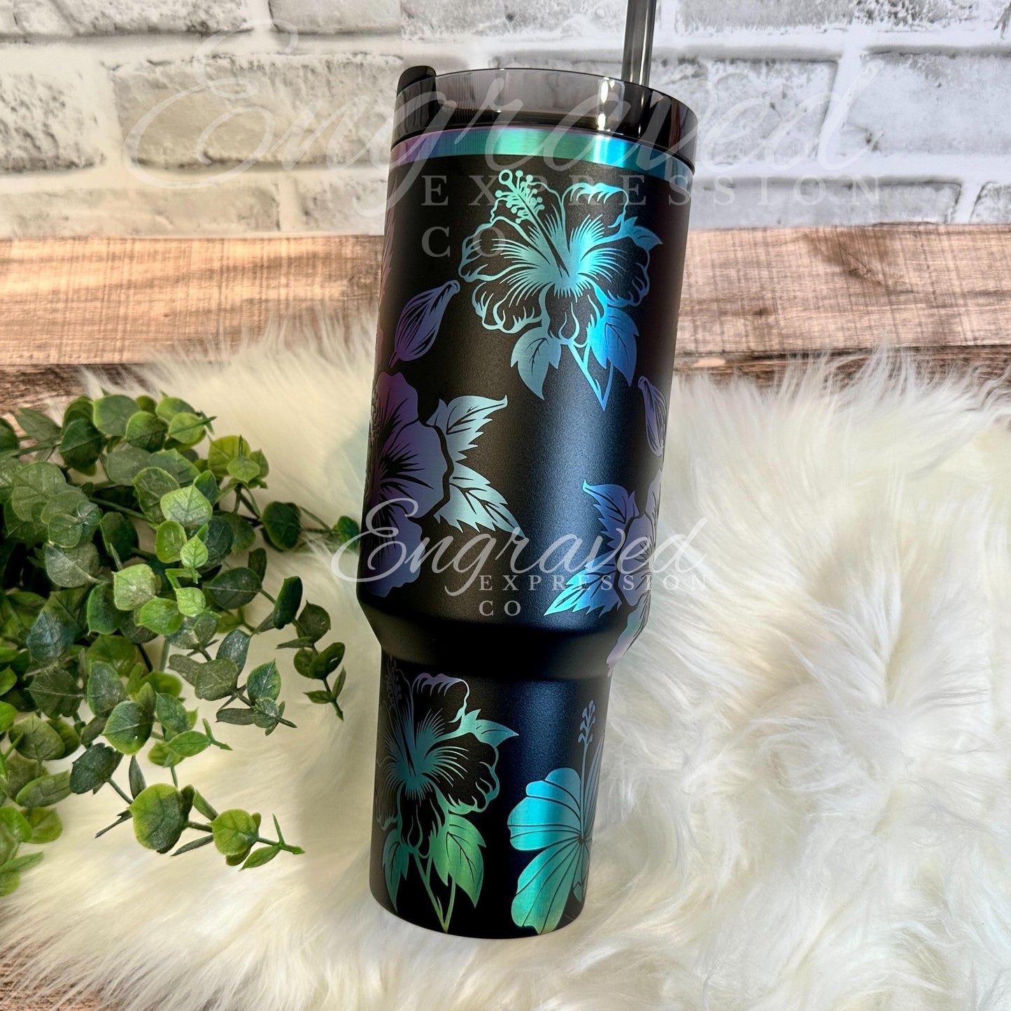 Stanley Black Chroma Tumbler - Custom Engraved Hibiscus Flower Design, Stainless Steel