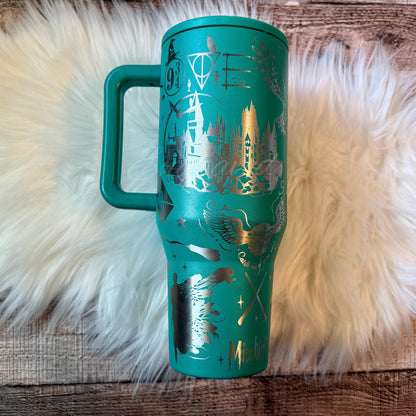 Engraved Hydrojug Tumbler - 40 oz Kelly Green Stainless Steel Cup with Wizard Design