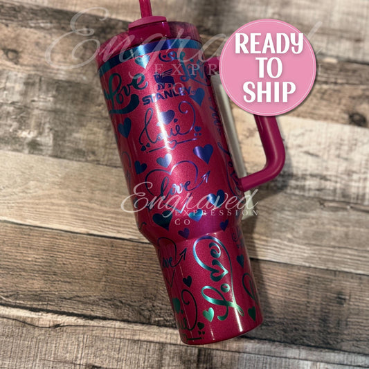 Stanley Quencher Tumbler | Berry Truffle 40oz Stainless Steel | Laser Engraved Love Theme Cup