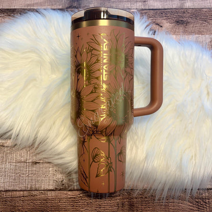Engraved Sunflower Tumbler – Mocha Latte Stanley Cup | Vacuum Insulated Stainless Steel