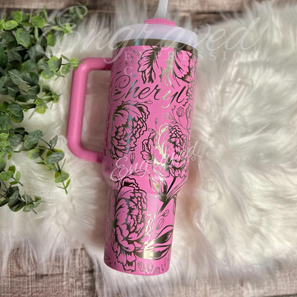 Engraved Stanley Tumbler | Peony Flower Design | Vacuum Insulated Double Wall Cup