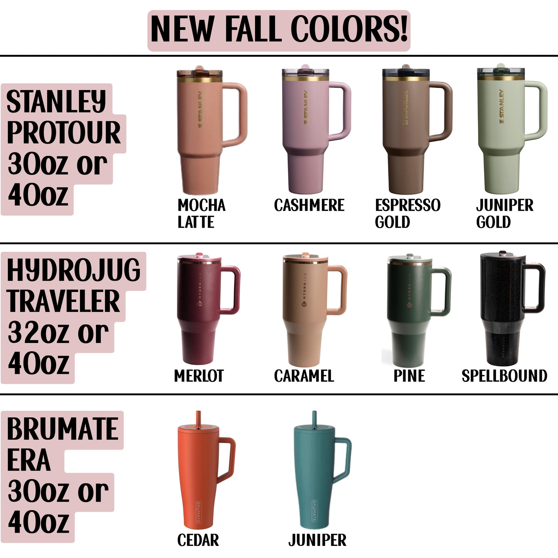 a collection of Starbucks stainless steel travel mugs in various fall colors, including pink, beige, green, and black.
