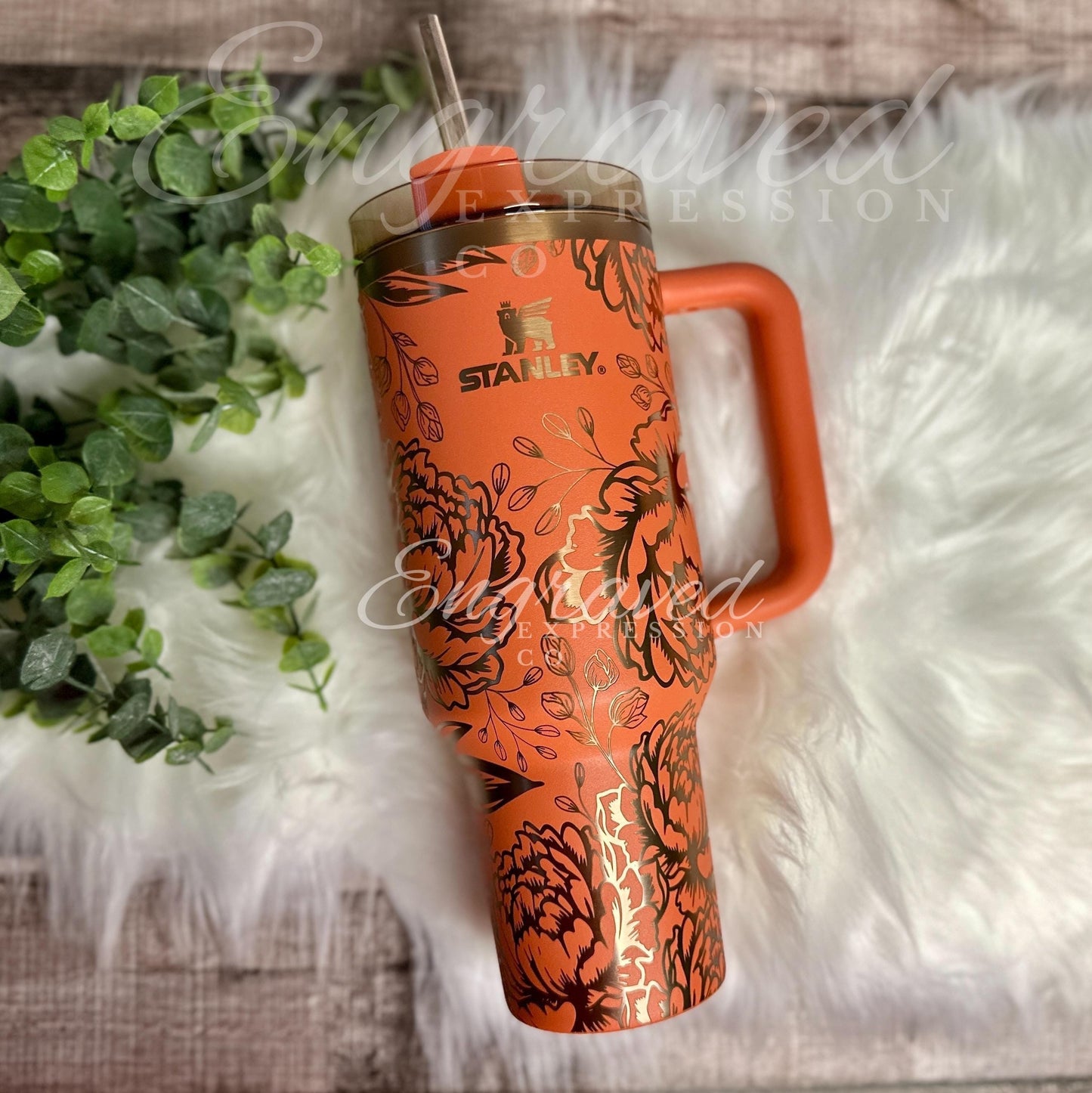 Stanley Engraved Tumbler - Pumpkin Spice Stainless Steel Cup With Peony Flower Design