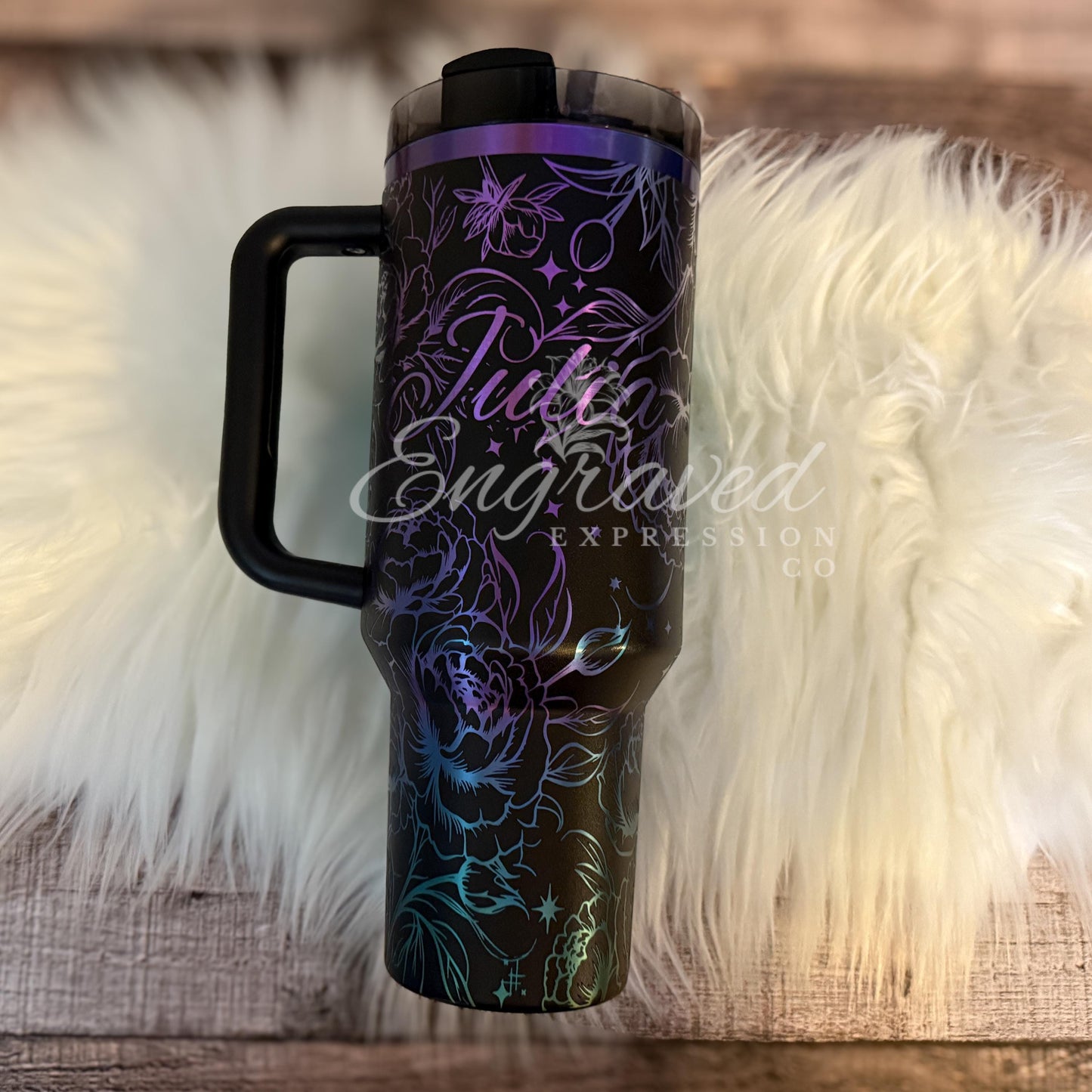Engraved Stanley Tumbler | Black Chroma Stainless Steel Cup With Peony Flower Engraving