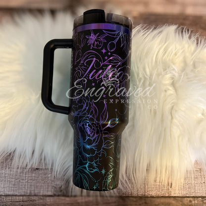 Engraved Stanley Tumbler | Black Chroma Stainless Steel Cup With Peony Flower Engraving
