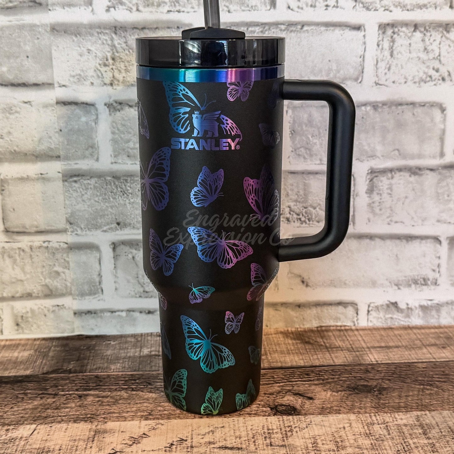 Engraved Stanley Tumbler - Black Chroma Full Wrap Butterfly Design, Vacuum Insulated Cup