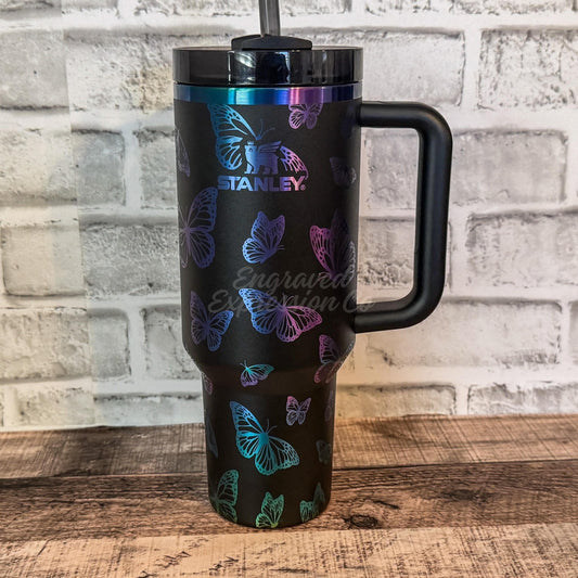 Engraved Stanley Tumbler - Black Chroma Full Wrap Butterfly Design, Vacuum Insulated Cup