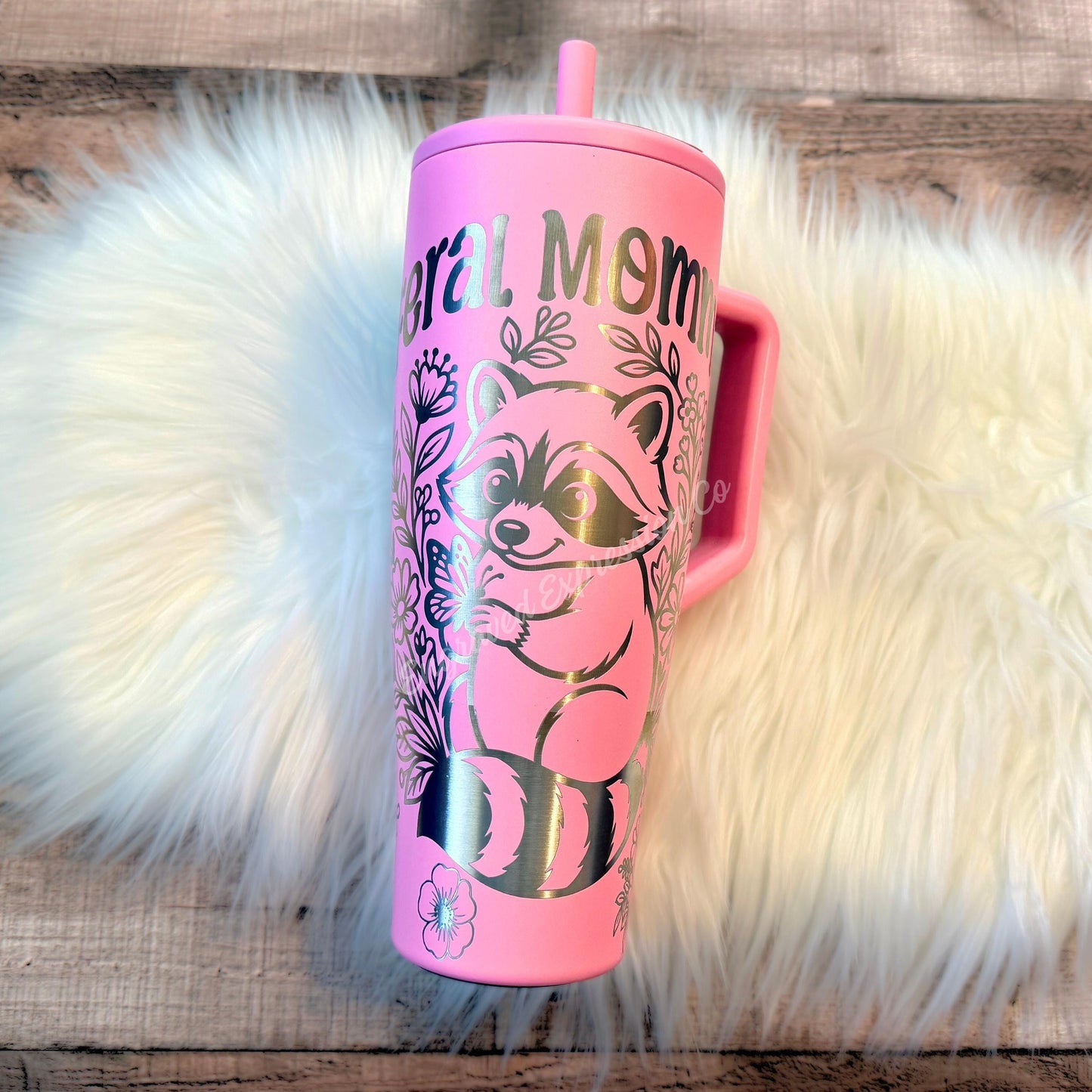 Engraved Brumate Tumbler | Primrose Pink Stainless Steel Cup with Raccoon Floral Design