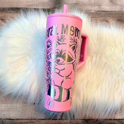 Engraved Brumate Tumbler | Primrose Pink Stainless Steel Cup with Raccoon Floral Design