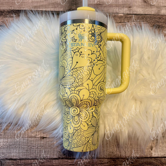 Engraved Stanley Quencher | Personalized Laser Tumbler with Full Wrap Floral Etched Design 30oz 40oz