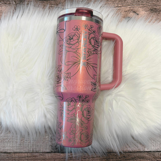 Laser Engraved Tumbler - Floral Bow Design Full Wrap | Stanley Protour Pink Glitter Cup