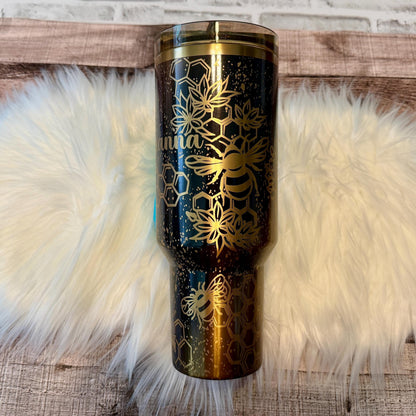Honeycomb Bee Tumbler | Engraved Black Gold Drinkware 40 Oz Gift