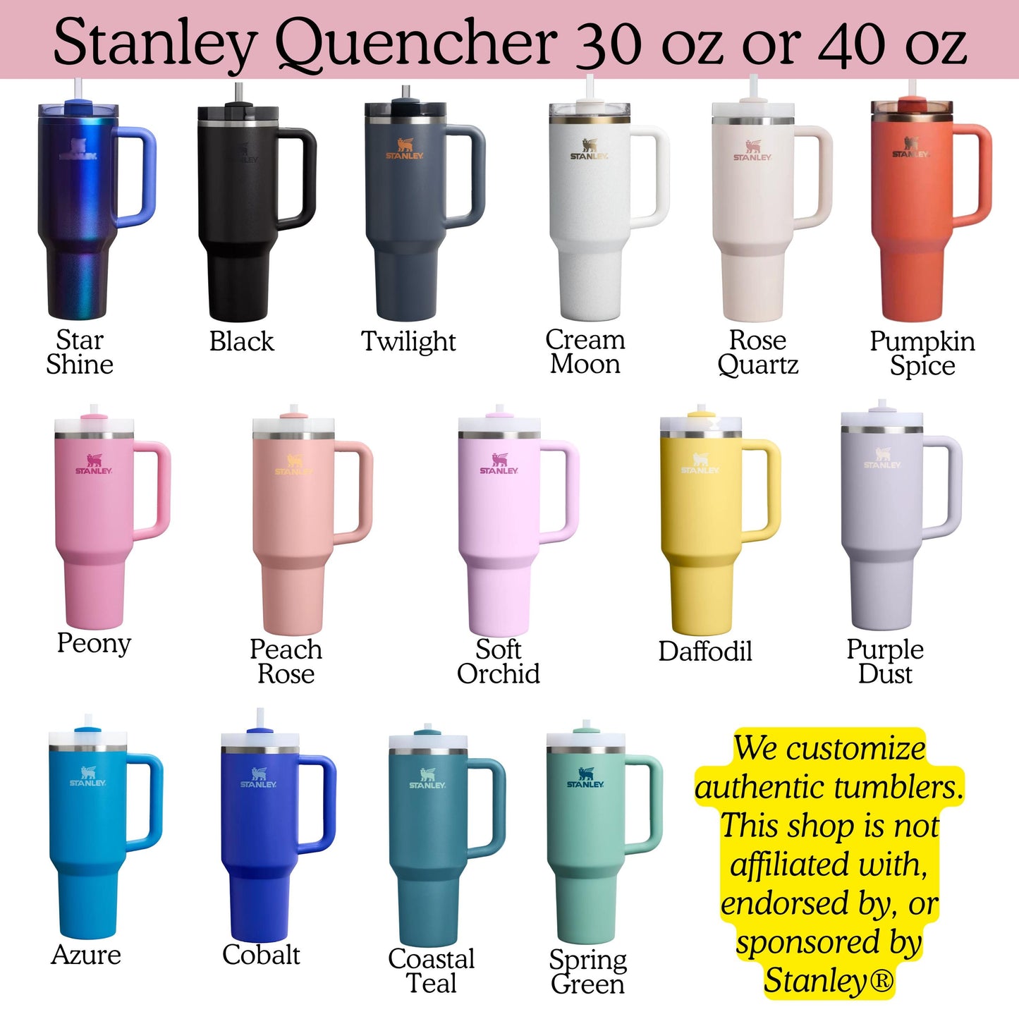 a collection of twelve different colored stainless steel tumblers from the Stanley brand, arranged in a grid format.