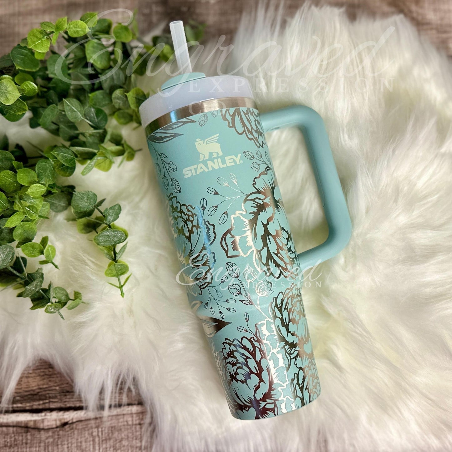 Engraved Stanley Tumbler - Peony Floral Design | Seafoam Stanley Quencher