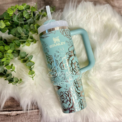 Engraved Stanley Tumbler - Peony Floral Design | Seafoam Stanley Quencher