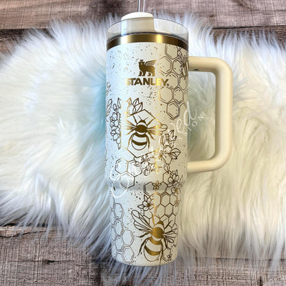 Laser Engraved Tumbler – Stanley Cream Moon With Bumblebee Design & Honeycomb Pattern
