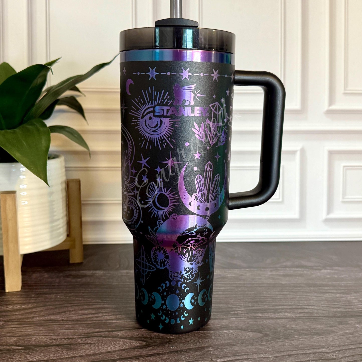 Stanley Black Chroma Tumbler – Engraved Boho Celestial Design, Moon & Stars Cup