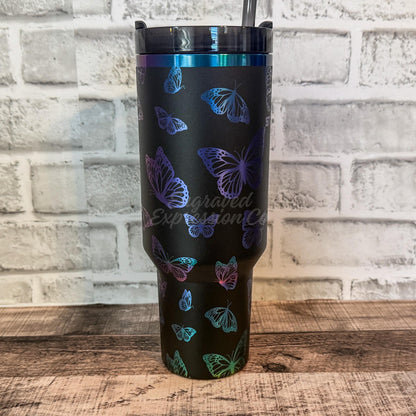 Engraved Stanley Tumbler - Black Chroma Full Wrap Butterfly Design, Vacuum Insulated Cup