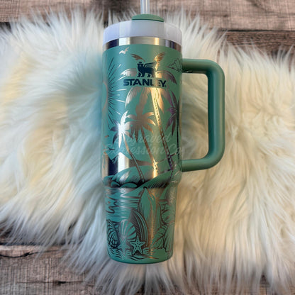 Stanley Quencher Tumbler | 40oz Vacuum Insulated Cup With Laser Engraved Tropical Palm Tree