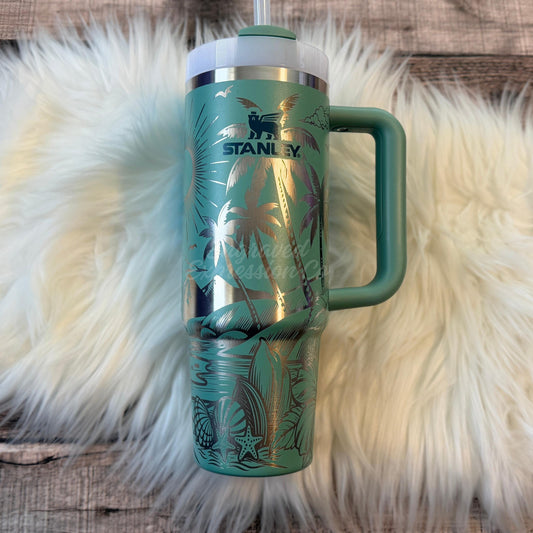Stanley Quencher Tumbler | 40oz Vacuum Insulated Cup With Laser Engraved Tropical Palm Tree