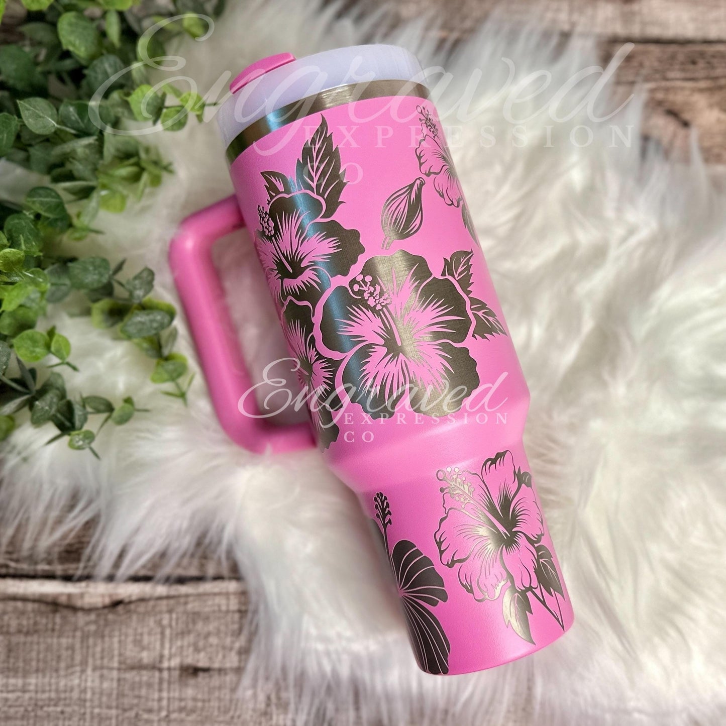 Stanley Quencher Tumbler | Engraved Stainless Steel Floral Etched Hibiscus Design