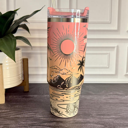Laser Engraved Tumbler - Stanley Quencher Cup With Beach Design - Ombre Pink Mesa Sunset