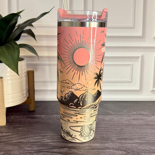 Laser Engraved Tumbler - Stanley Quencher Cup With Beach Design - Ombre Pink Mesa Sunset