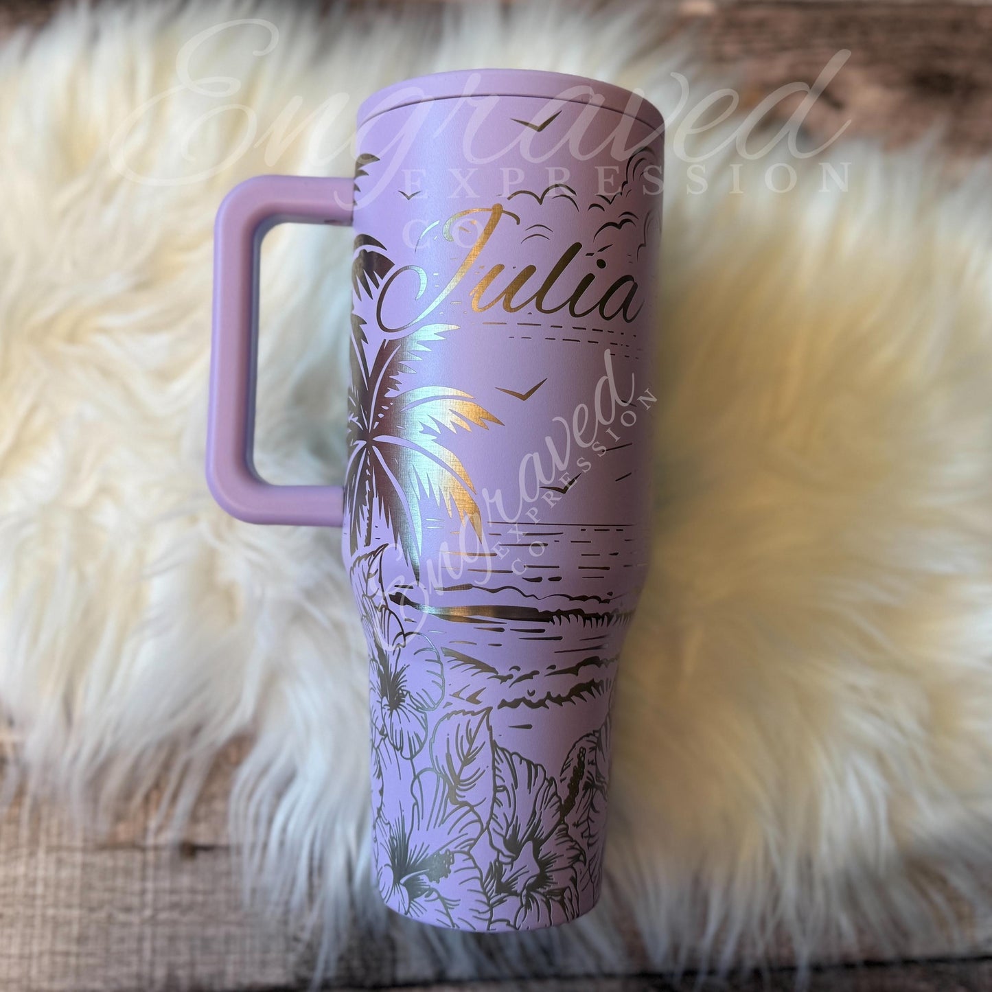 Engraved Hydrojug Tumbler – Lavender Tropical Beach Design With Leak Proof Straw