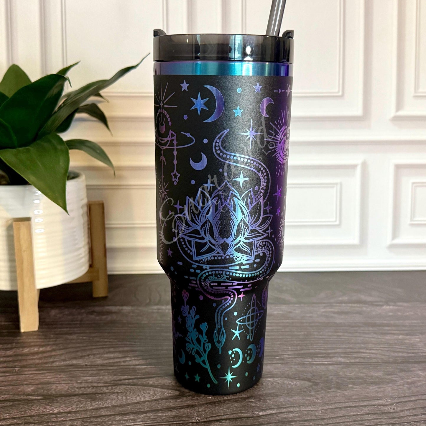 Stanley Black Chroma Tumbler – Engraved Boho Celestial Design, Moon & Stars Cup