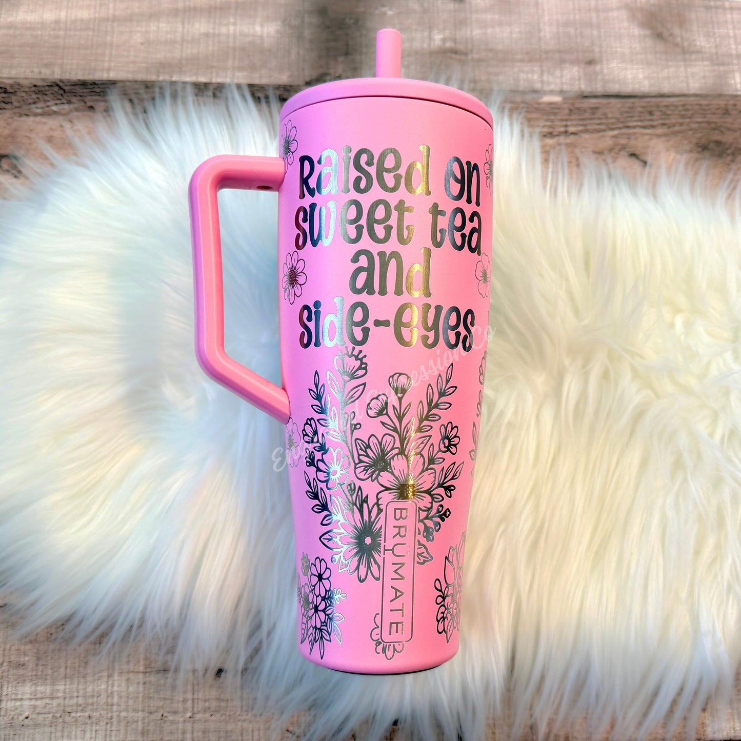 Engraved Brumate Tumbler | Primrose Pink Stainless Steel Cup with Raccoon Floral Design