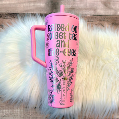 Engraved Brumate Tumbler | Primrose Pink Stainless Steel Cup with Raccoon Floral Design