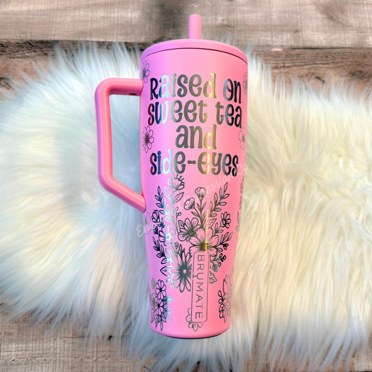 Engraved Brumate Tumbler | Primrose Pink Stainless Steel Cup with Raccoon Floral Design