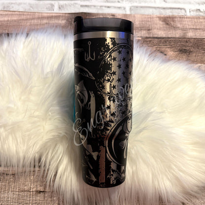 Engraved Stanley Tumbler | Custom Laser Fishing Design Cup - American Flag Full Wrap