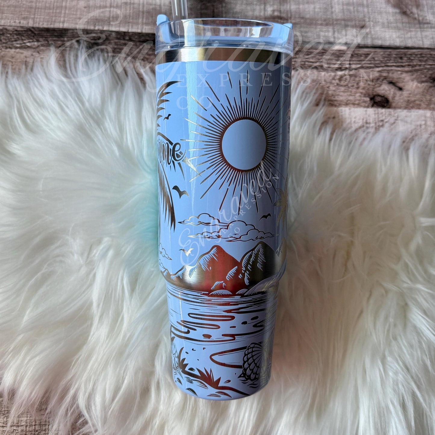 Stanley Quencher Tumbler - Engraved Beach Theme, Cornflower Gloss Stainless Steel Cup