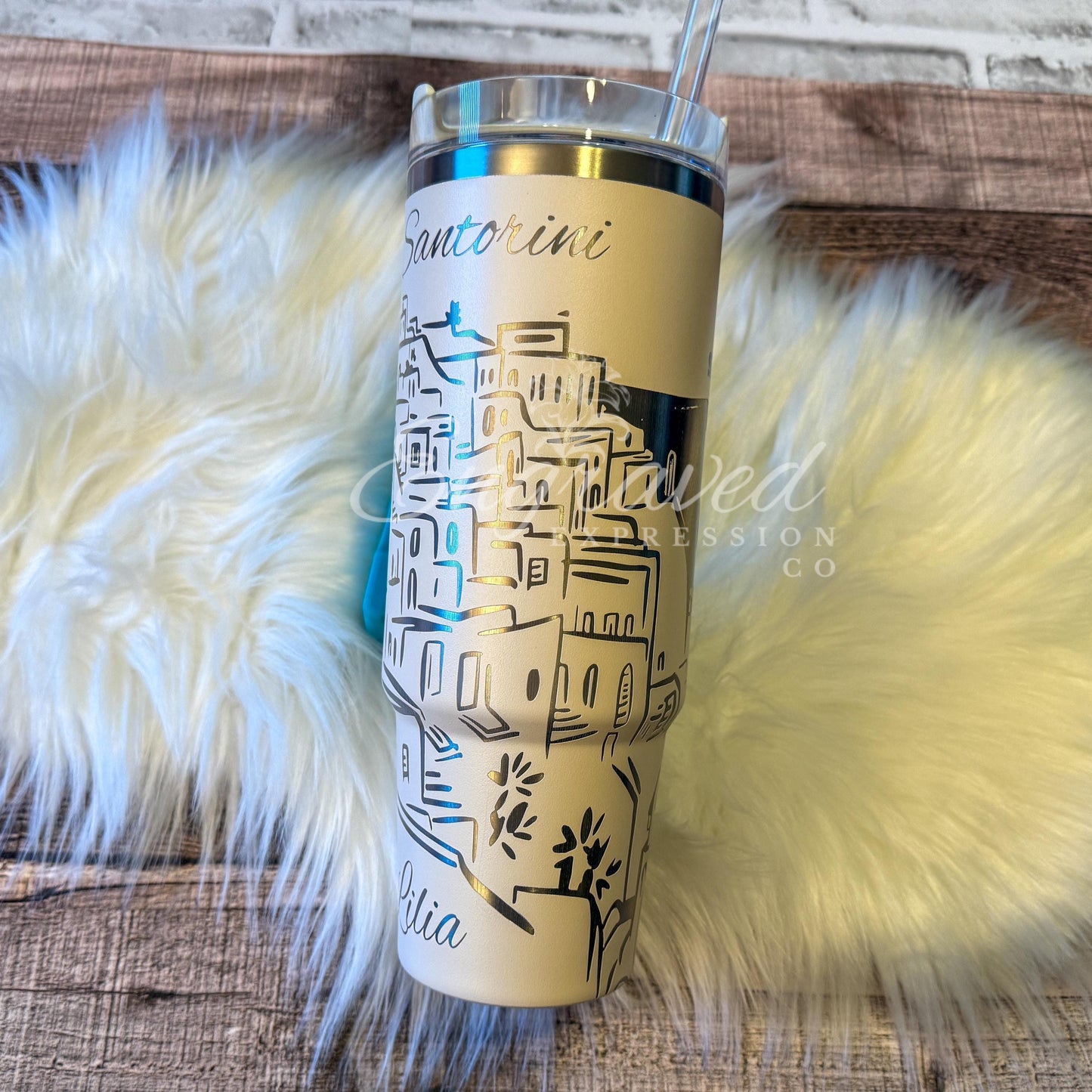 Engraved Stanley Tumbler – Santorini Greece Design | Royal Cream Stainless Steel Cup