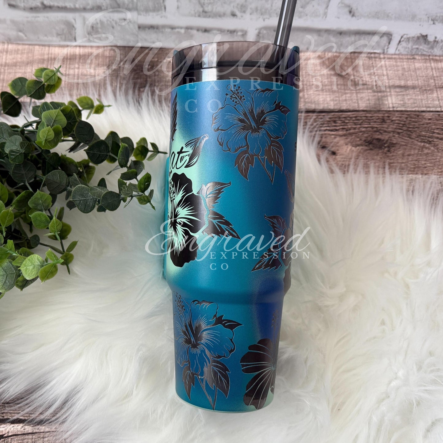 Stanley Quencher Tumbler | Laser Engraved Coastal Teal Tumbler With Hibiscus Design