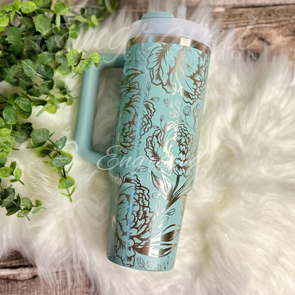 Stanley Quencher Tumbler With Laser Etched Peony Floral | Custom Engraved Stainless Steel Cup