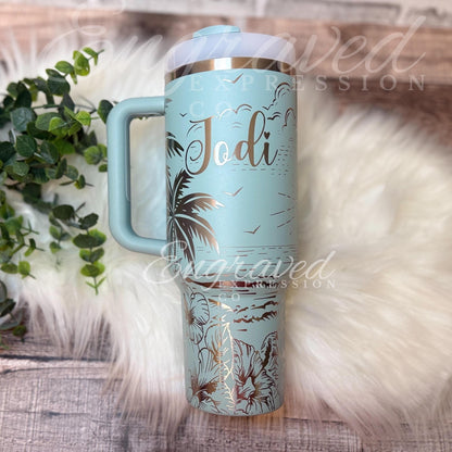 Stanley Quencher Tumbler - Laser Engraved Beach Palm Design With Double Wall Insulation