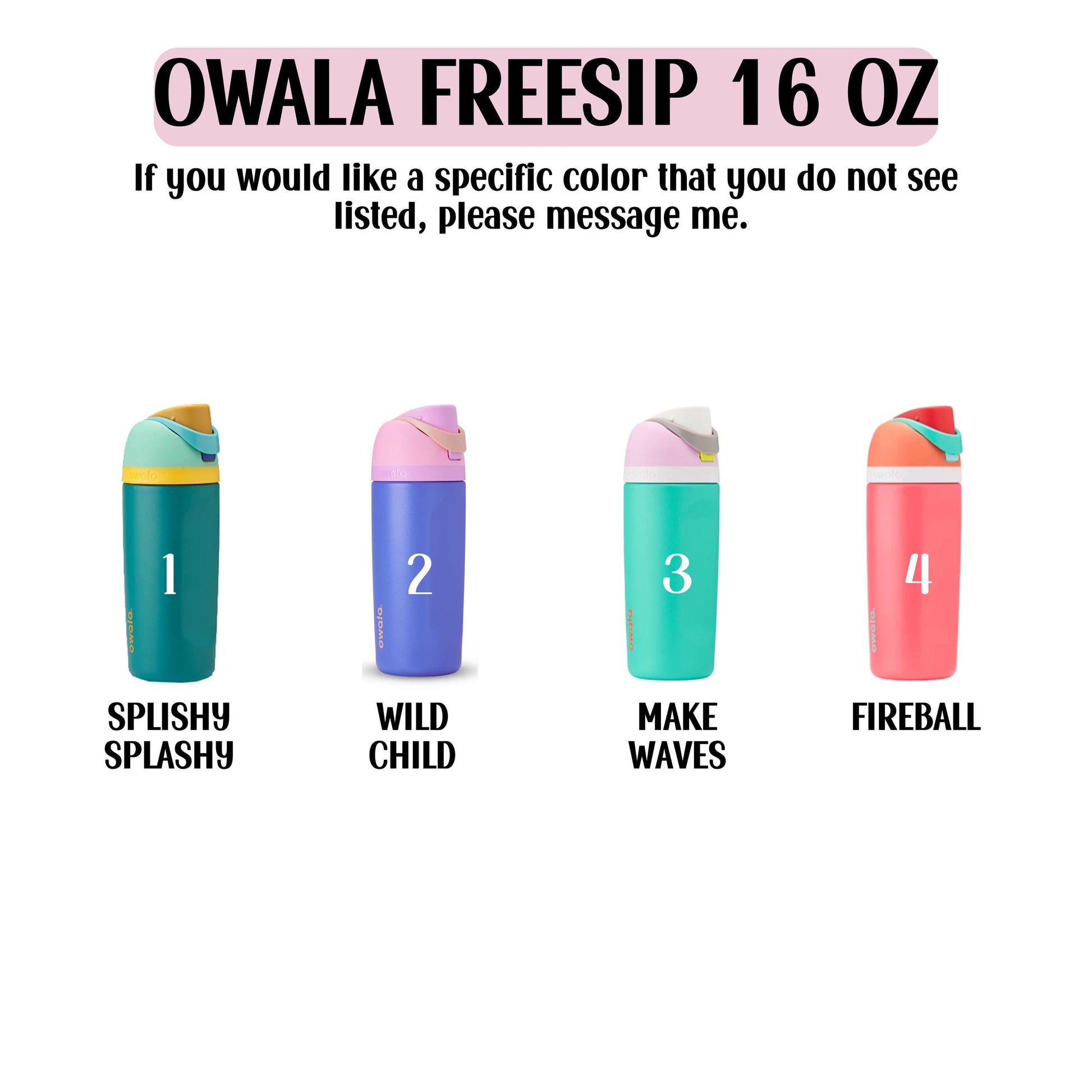 four colorful water bottles, each with a different color and label, arranged in a row.