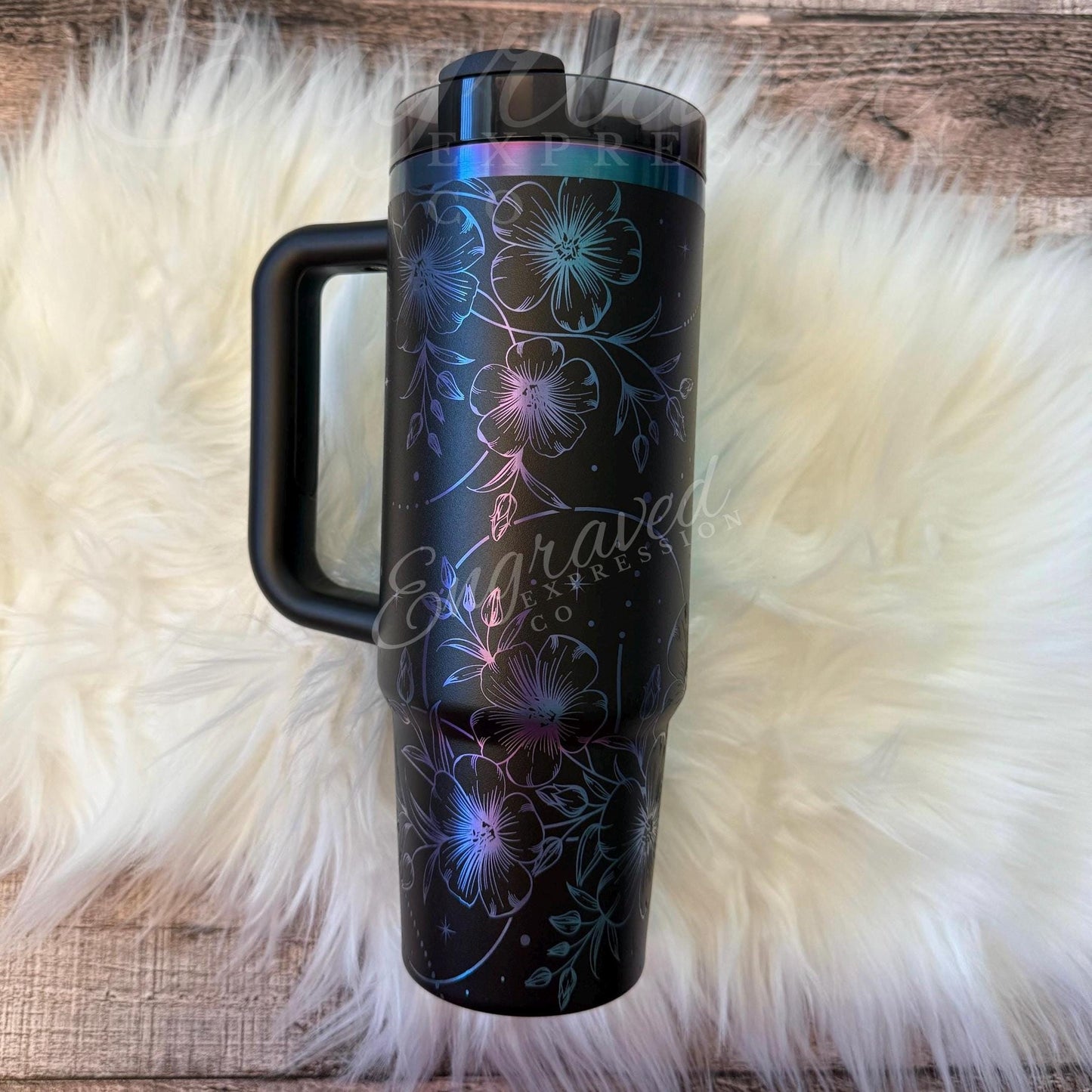 Engraved Stanley Tumbler | Black Chroma 40 oz Travel Mug with Boho Floral Design